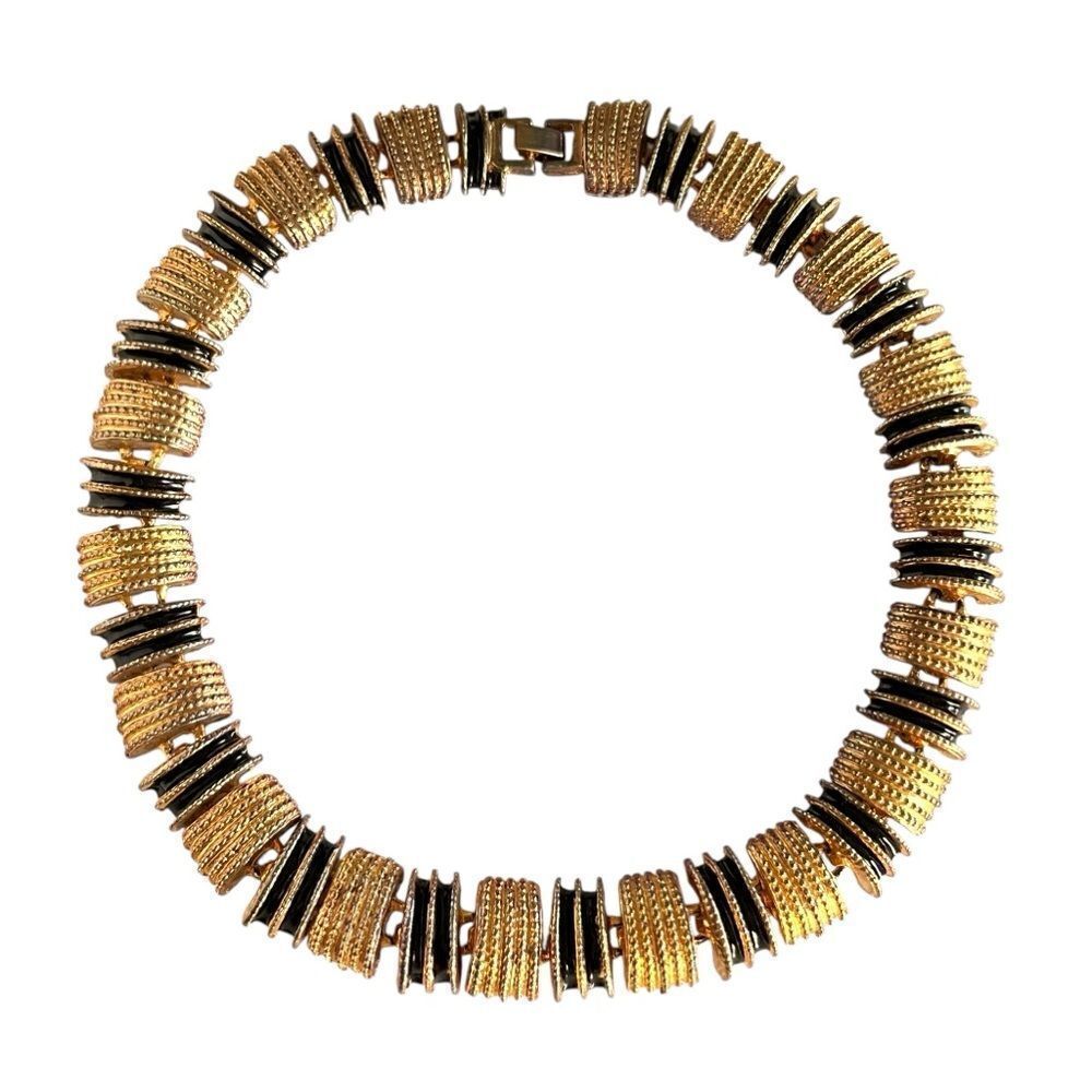 Vintage Gold Ribbed Metal Black Enamel Collar Statement Necklace